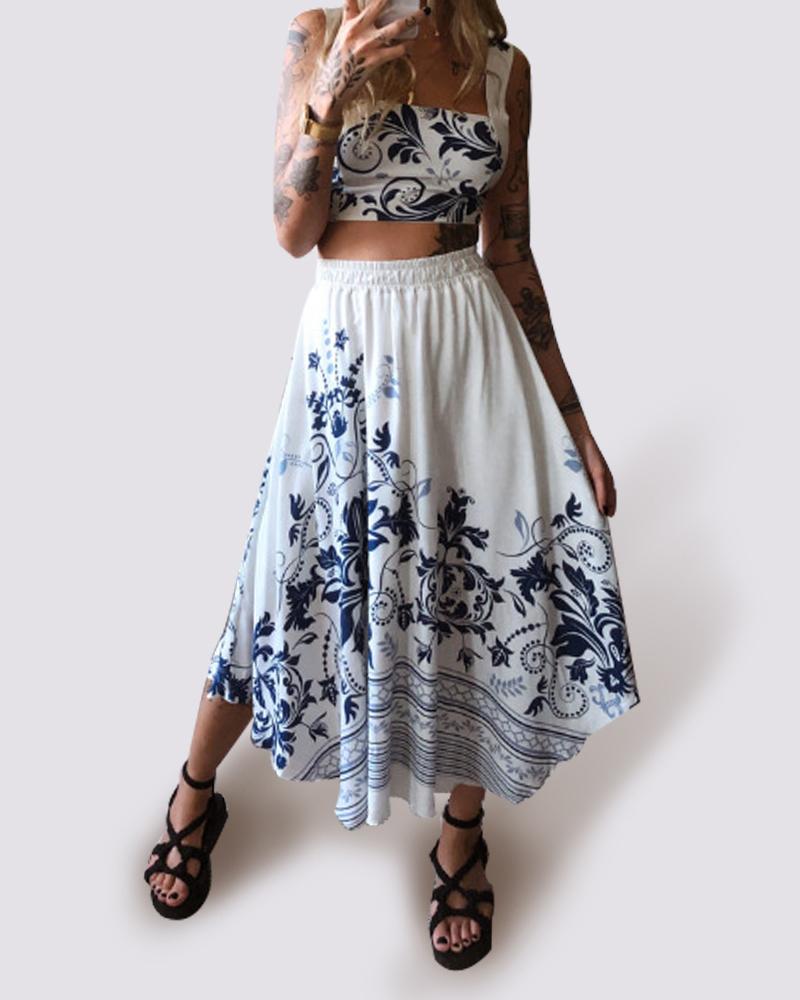 

Boho Style Floral Print Sling Cropped Top With High Waist Skirt Skirt Sets, Style3