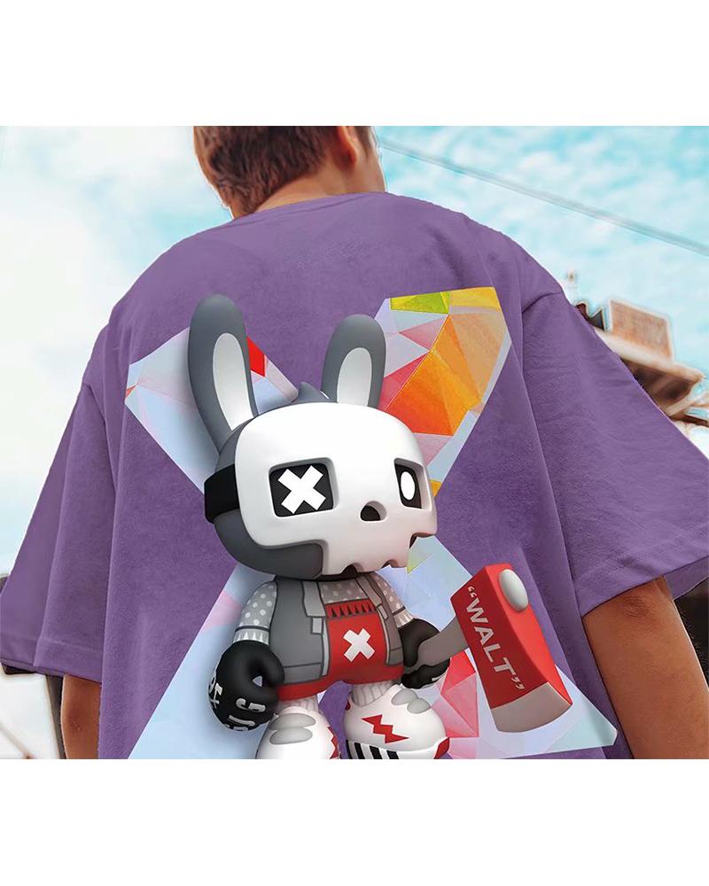 

Hip-hop Cartoon Print Short Sleeve T-shirt, Purple