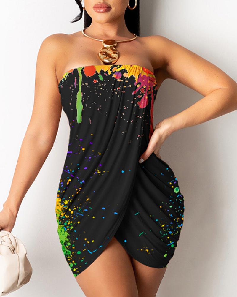 

Ink Splash Print Bandeau Asymmetrical Mini Dress, Black