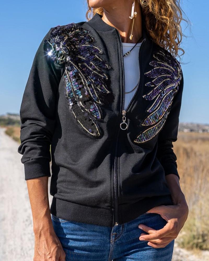 

Long Sleeve Zipper Design Sequin Wings Baseball Jacket, Black