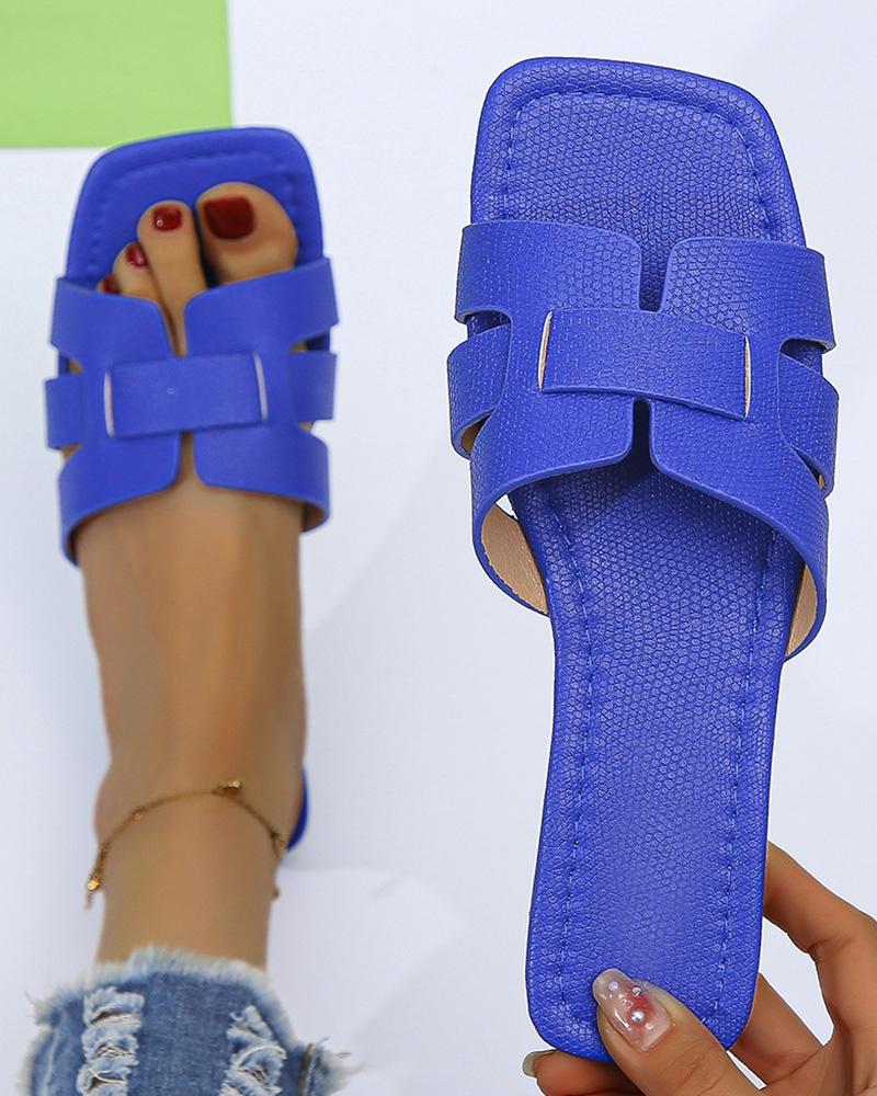 

Hollow Out Strap Square Toe Beach Slippers, Blue