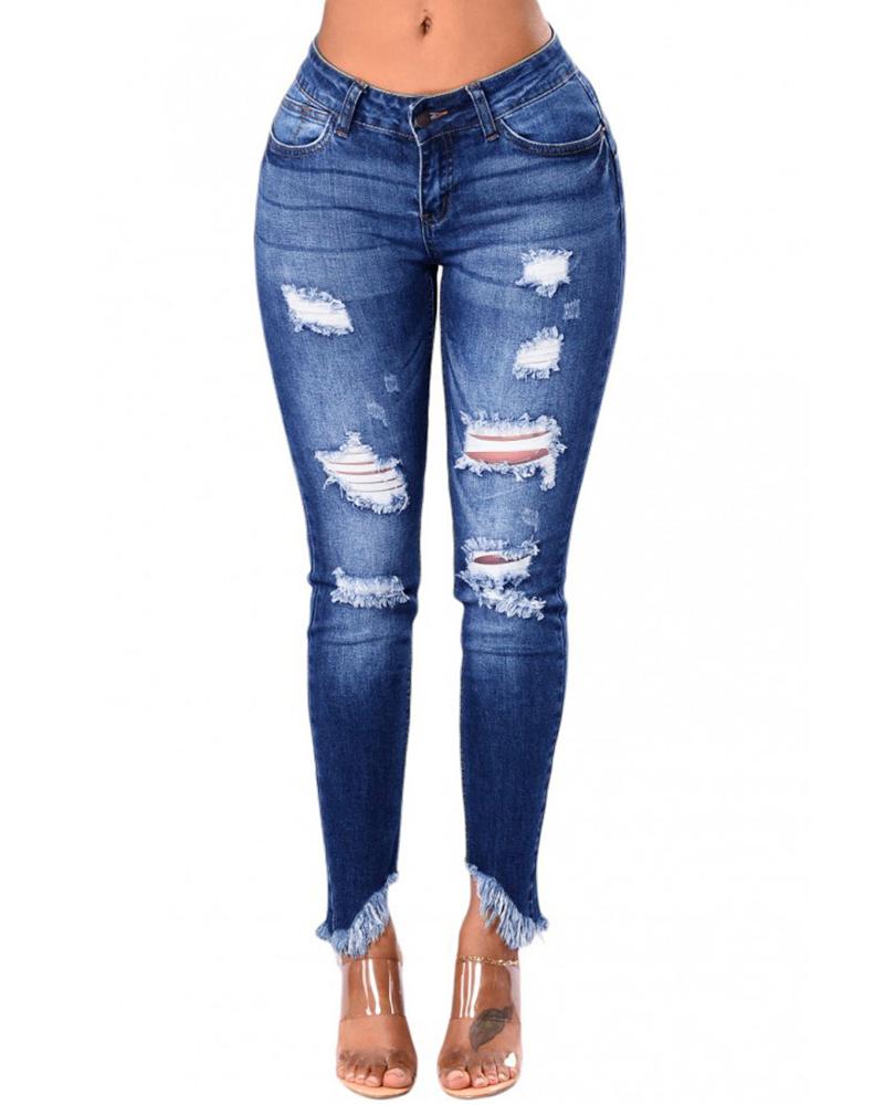 

Cutout Ripped Fringe Hem Denim Pants, Dark blue