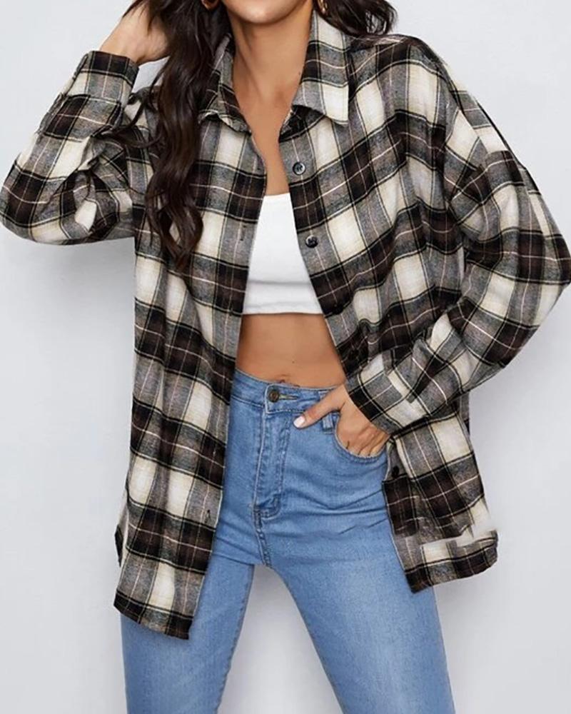 

Button Design Plaid Print Long Sleeve Shirt, Khaki