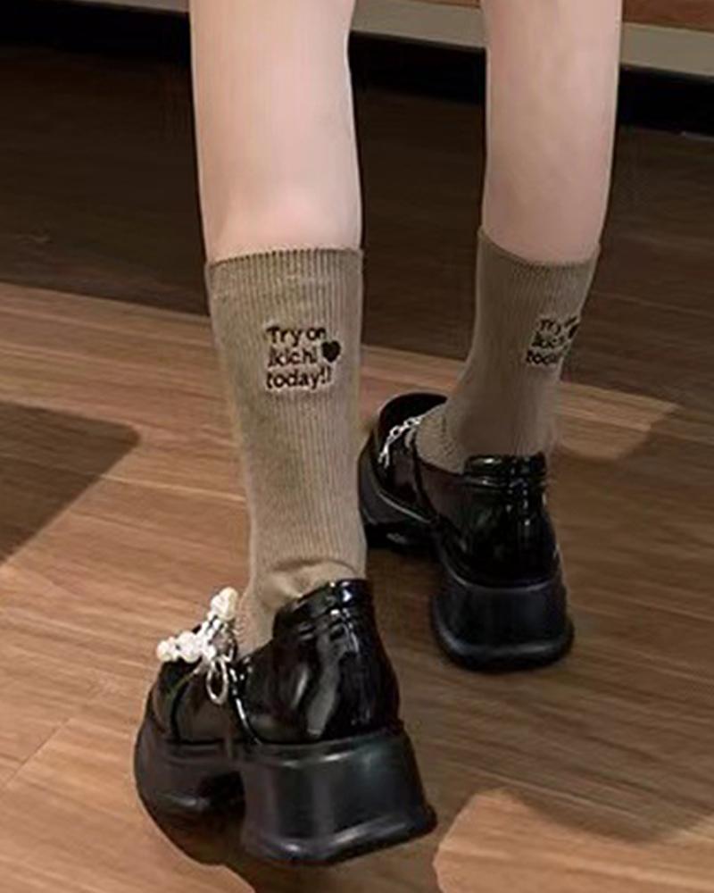 

1Pair Slogan Pattern Knit Crew Socks, Khaki