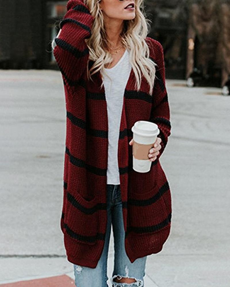 

Striped Print Pocket Design Longline Knit Cardigan, Wine red