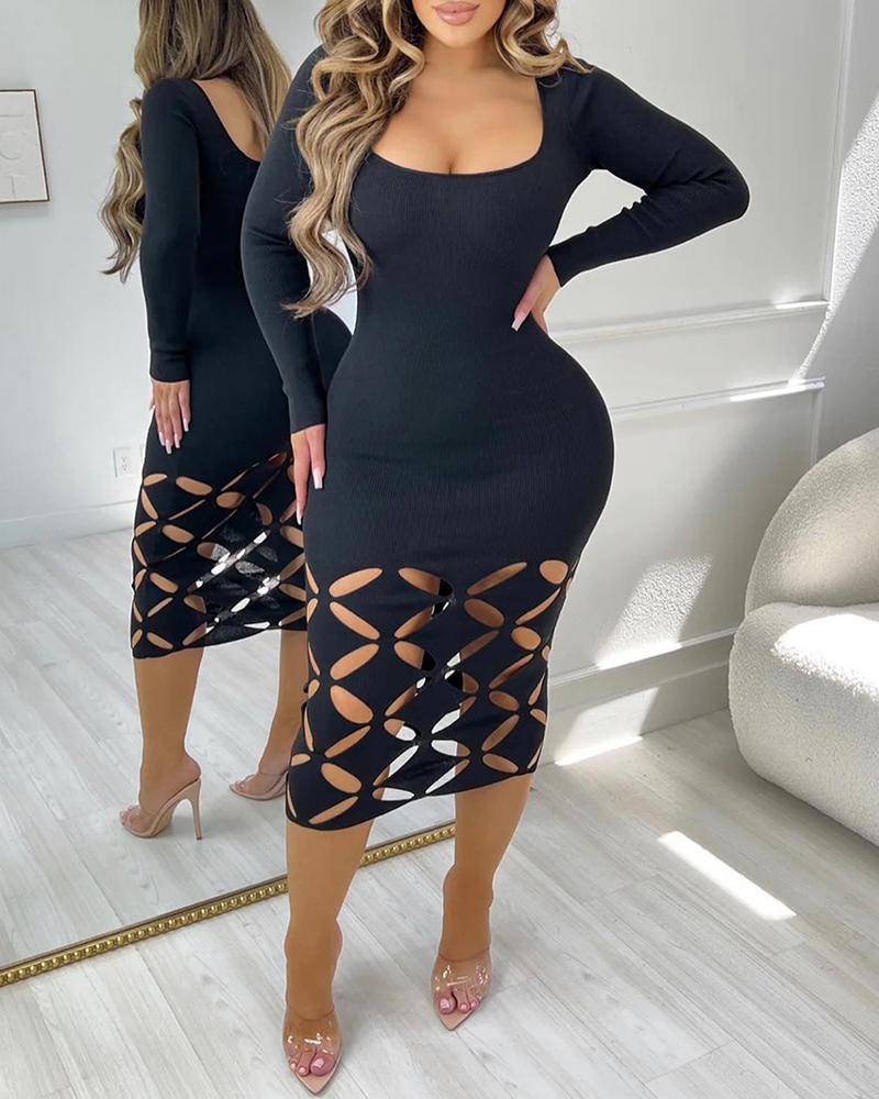 

Long Sleeve Hollow-out Bodycon Dress, Black