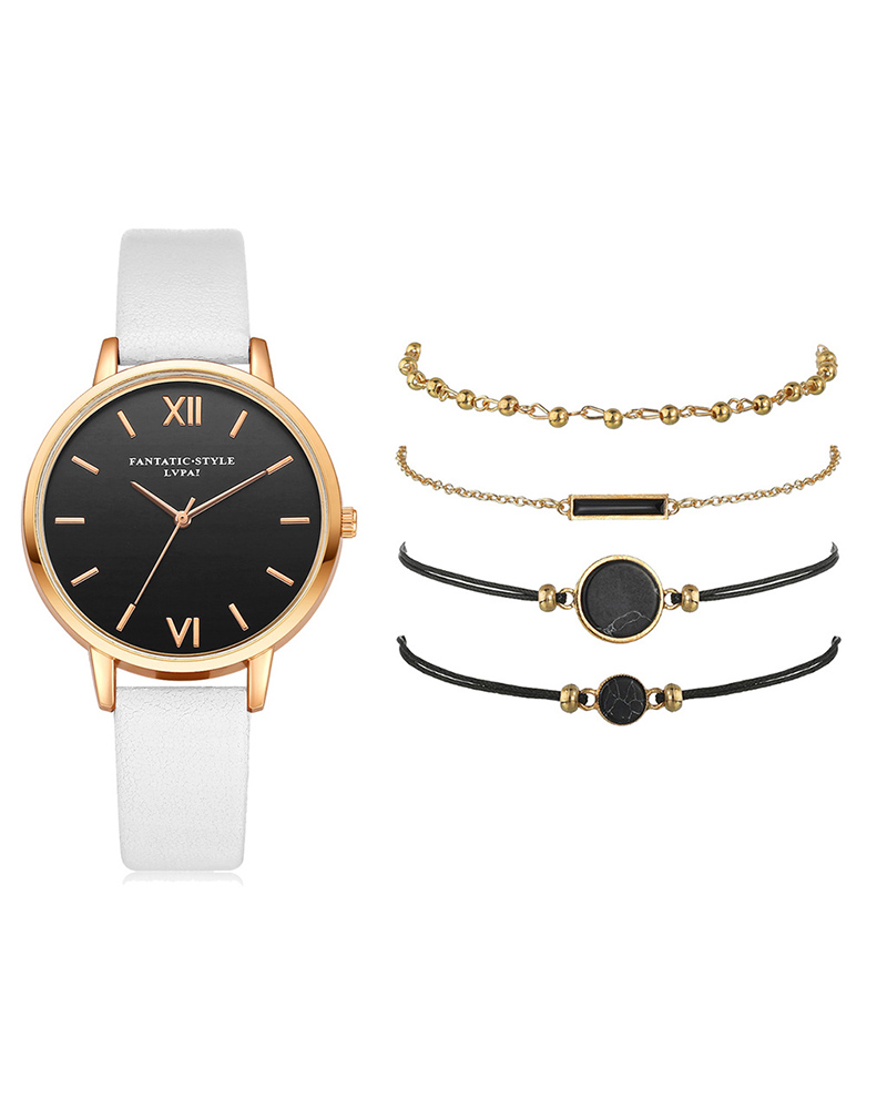 

PU Leather Strap Pointer Quartz Watch & Bracelet Set, White
