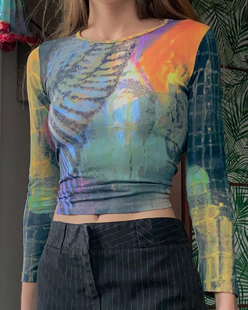 

Colorblock Long Sleeve Skinny Crop Top, Blue