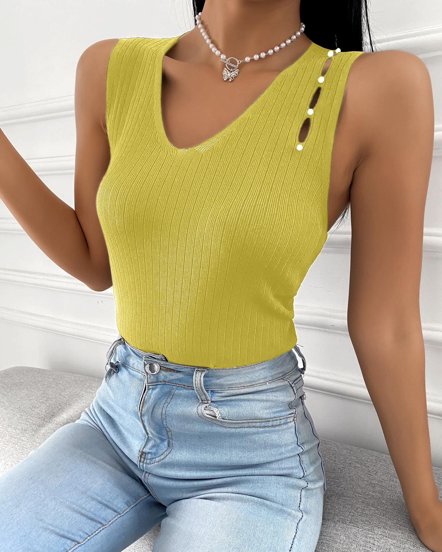 

Plain Thick Strap V Neck Tank, Yellow