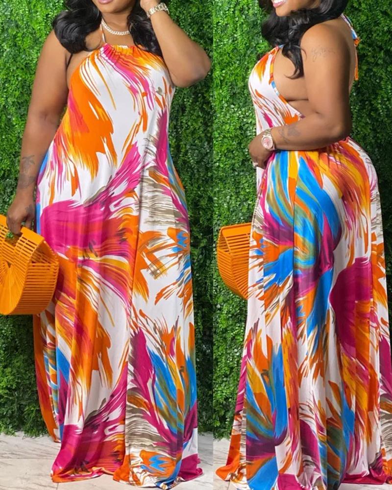 

All Over Print Halter Backless Cami Maxi Dress, Orange