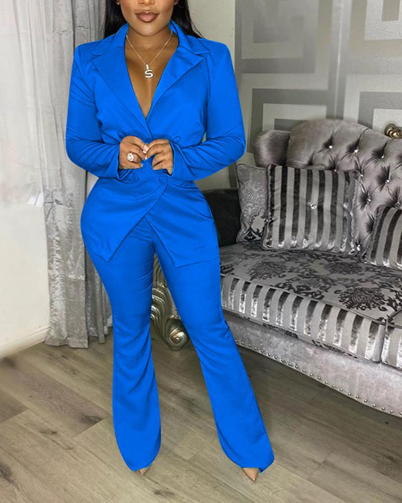 

Long Sleeve Double Breasted Blazer & Pants Set, Blue