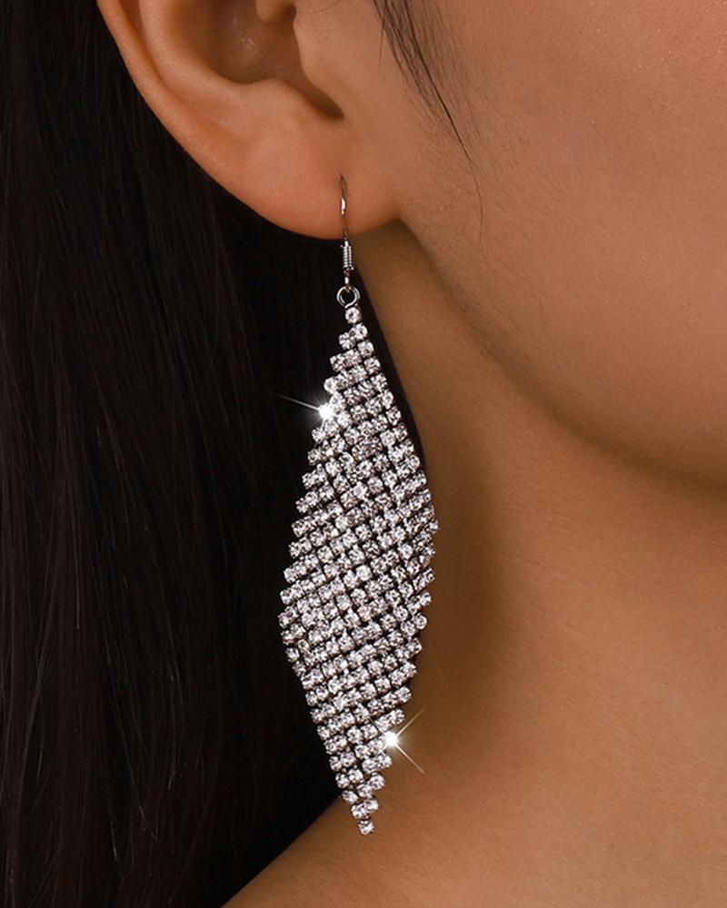 

1Pair Rhinestone Argyle Shaped Drop Earrings, Silver