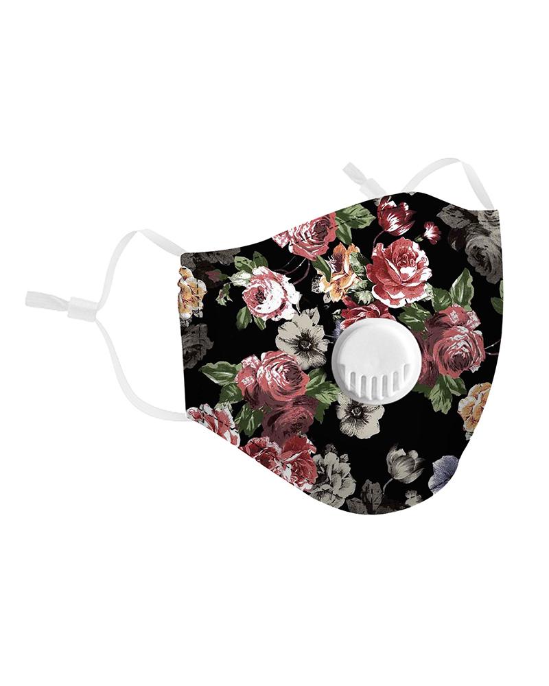 

Floral Print Breathing Washable Valve Face Mask (2 filters as gift) Without Cord Lock Toggles, Black