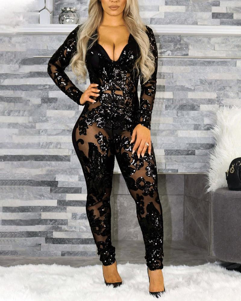 

Contrast Sequin Plunging Neck Sheer Mesh Jumpsuit, Black