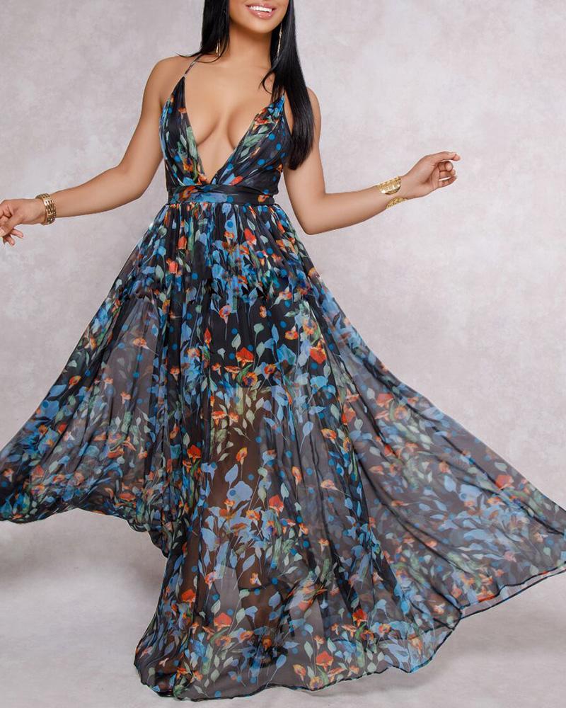 

Floral Print Pleated Backless Slip Maxi Dress, Blue