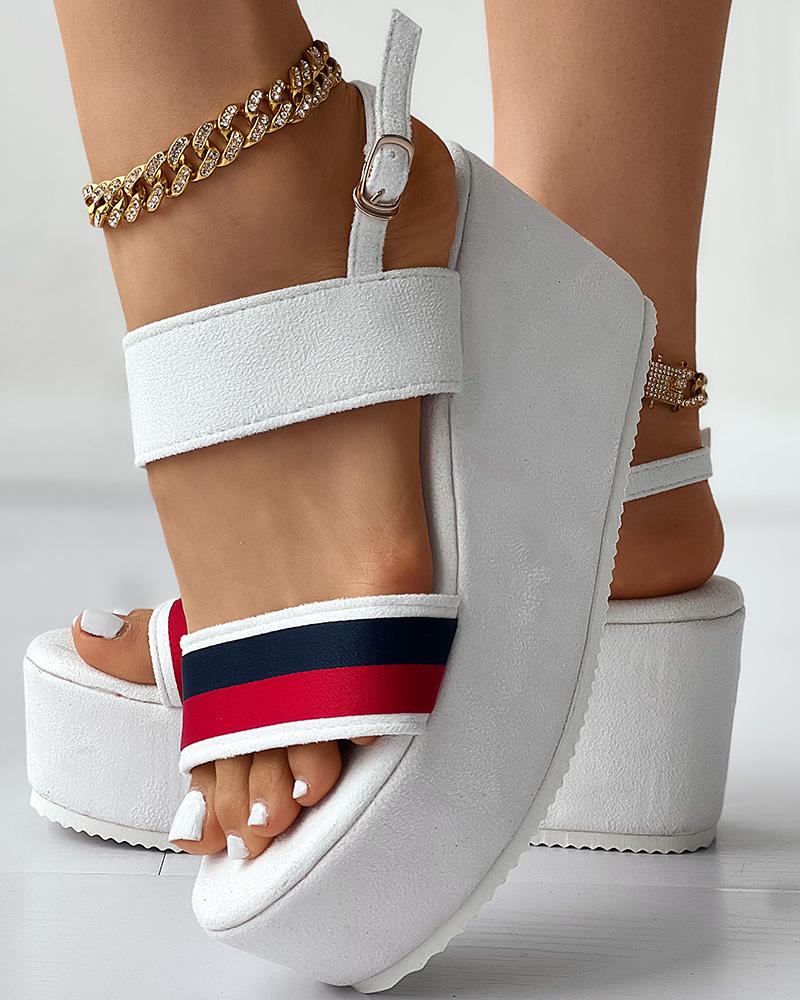 

Striped Slingback Platform Wedge Sandals, White