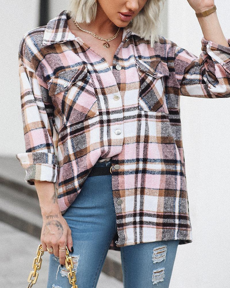 

Buttoned Pocket Design Plaid Print Top, Pink