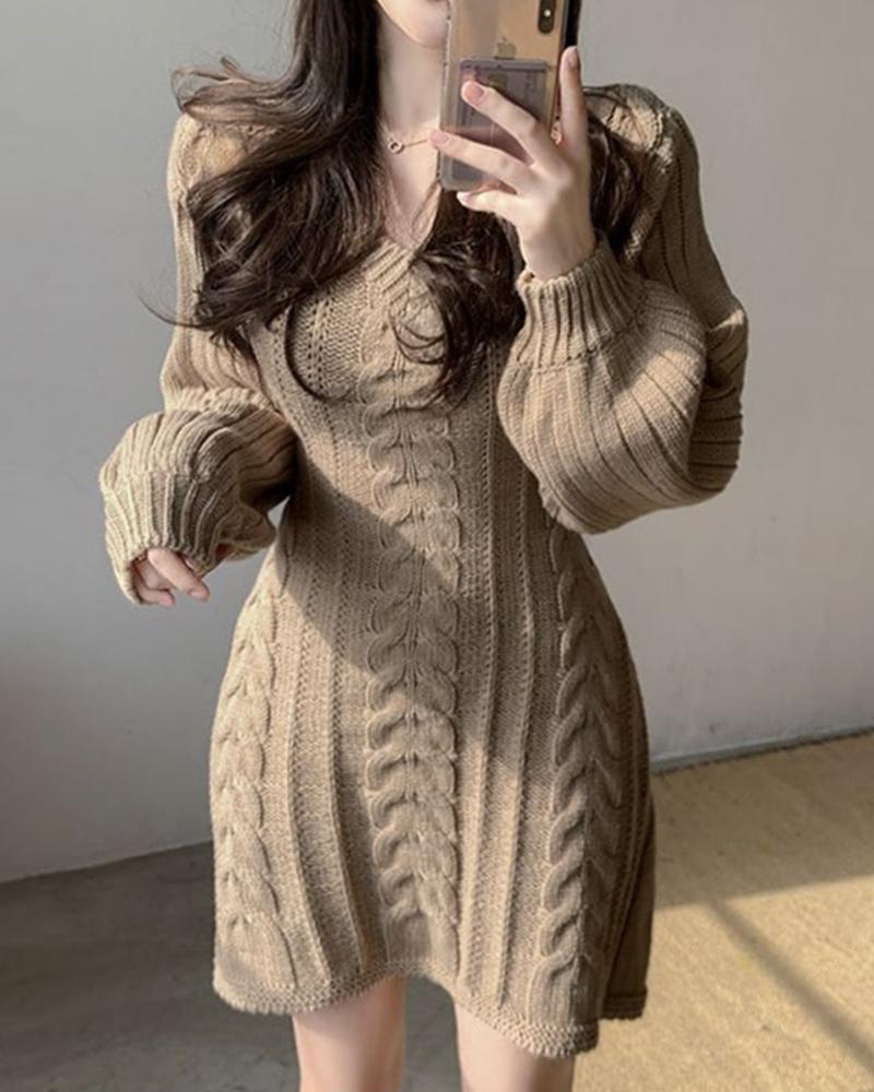 

Braided Knit Long Sleeve Dress, Khaki