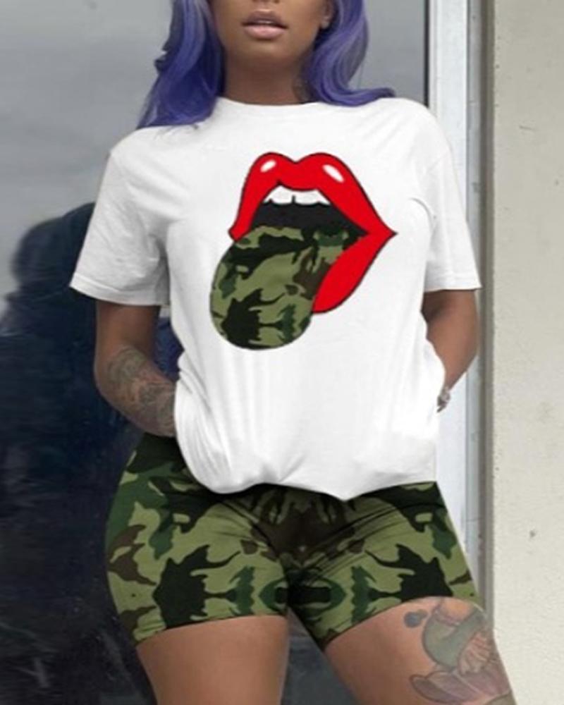 

Short Sleeve Lip Camouflage Print Top & Shorts Set, Camoflage