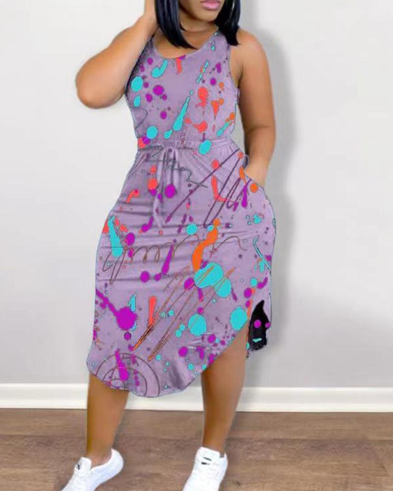 

Ink Splash Print Strap Sleeveless Slim Midi Dress, Purple