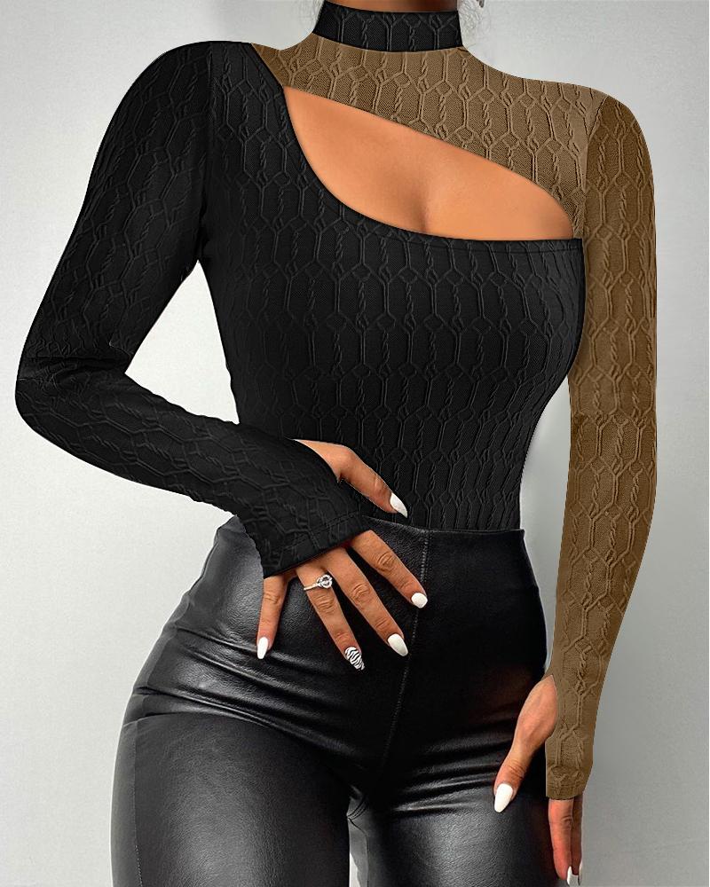 

Colorblock Cutout Front Cable Textured Top, Brown