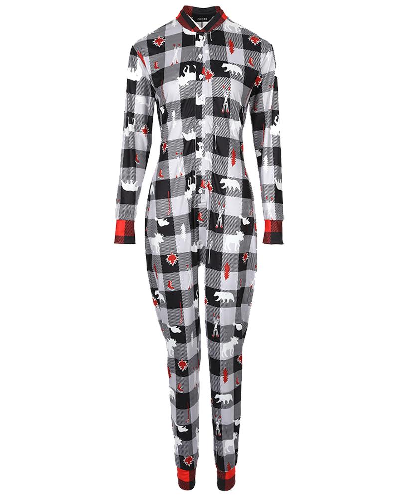 

Christmas Plaid Print Functional Buttoned Flap Adult Onesie, Gray