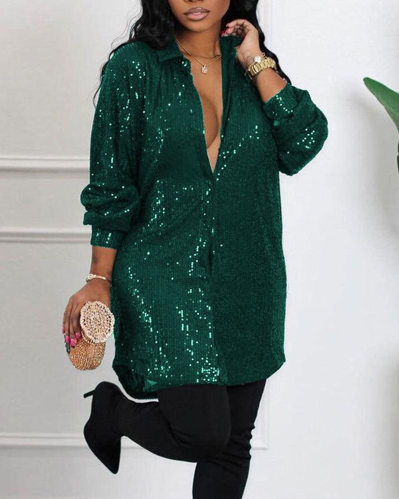 

Plus Size Long Sleeve Allover Sequin Shirt Dress, Green
