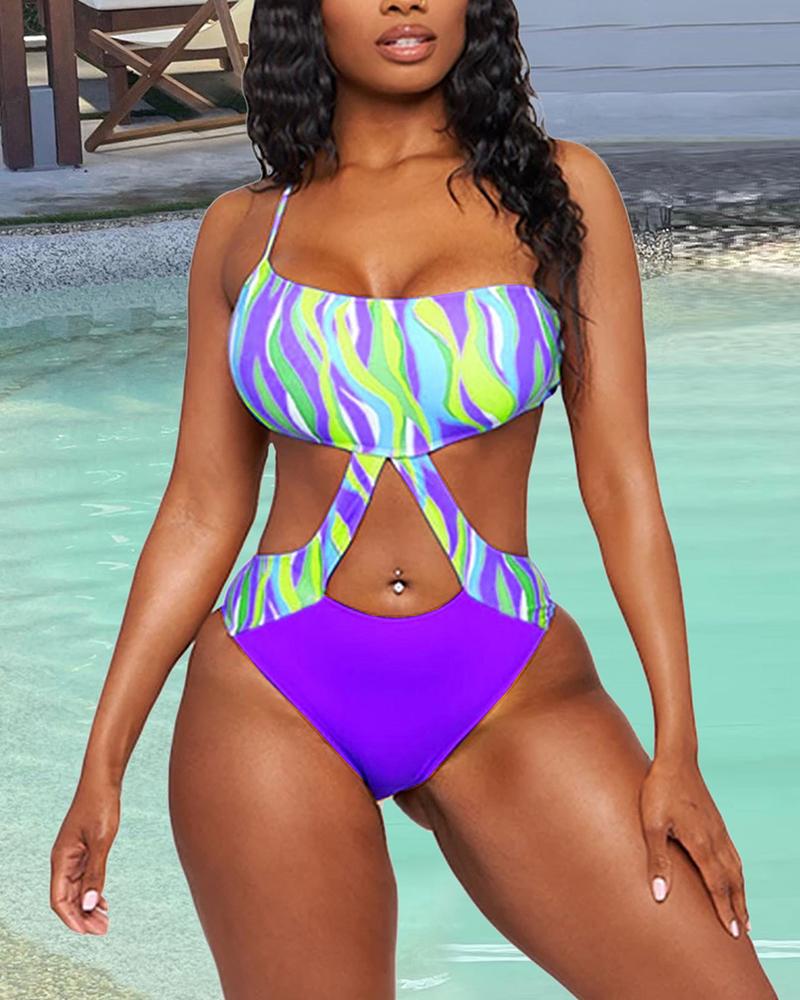 

Abstract Print Cutout One Piece Swimsuit, Purple