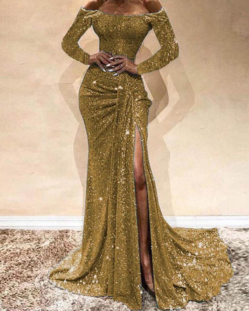 

Off Shoulder Sequined Maxi Dress, Gold