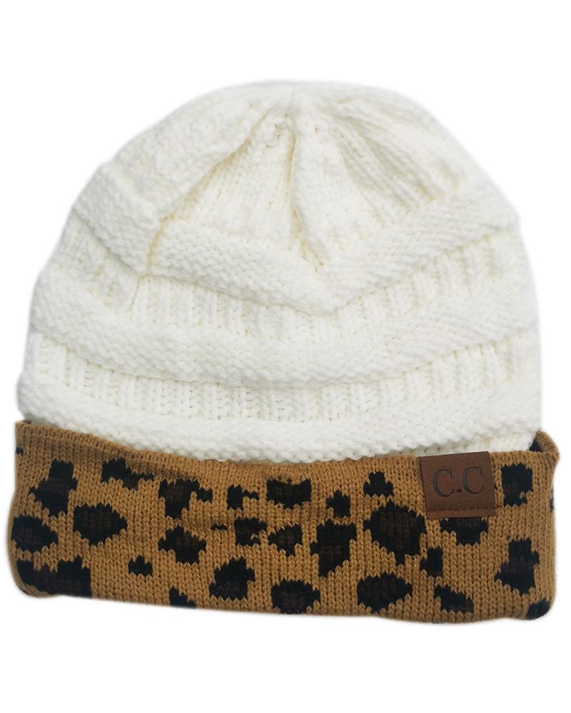 

Leopard Print Colorblock Winter Warm Knit Beanie Hat, White