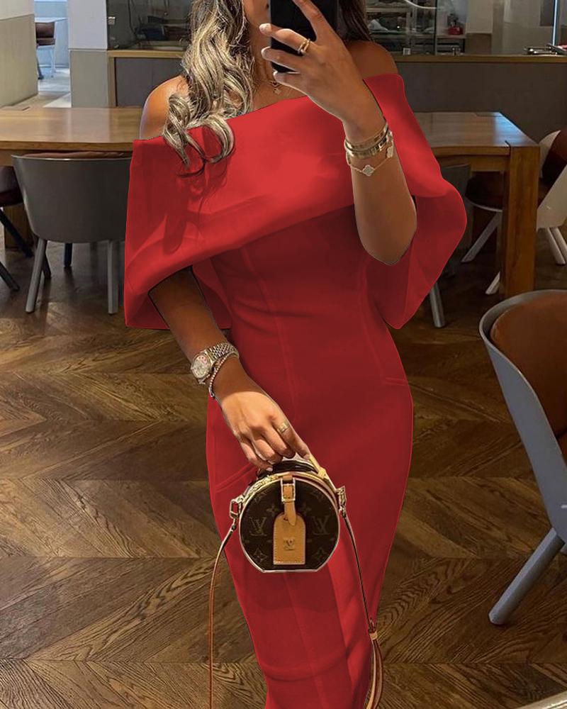 

Off Shoulder Cape Design Skinny Party Dress, Red