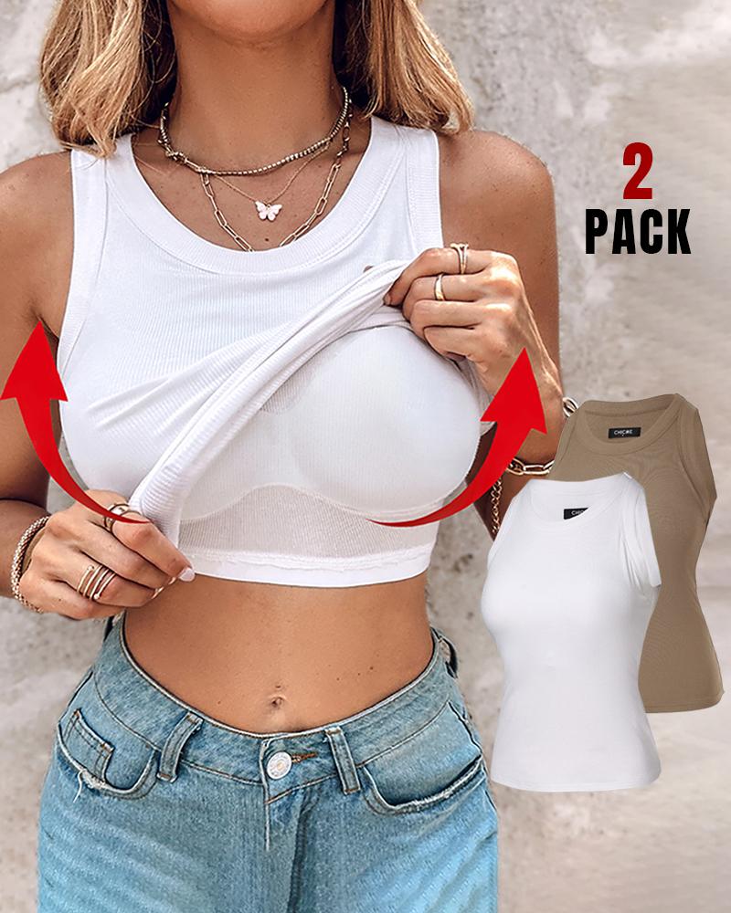 

2-Pack Round Neck Ribbed Tank Top With Bra Pads, Style7