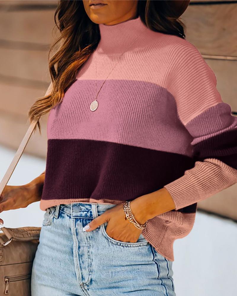 

High Neck Colorblock Long Sleeve Sweater, Pink