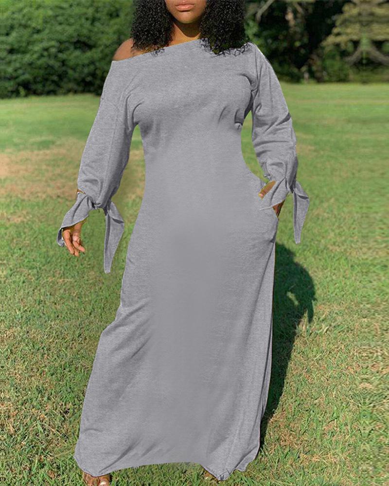 

Plain Tie Detail Pocket Design Maxi Dress, Gray