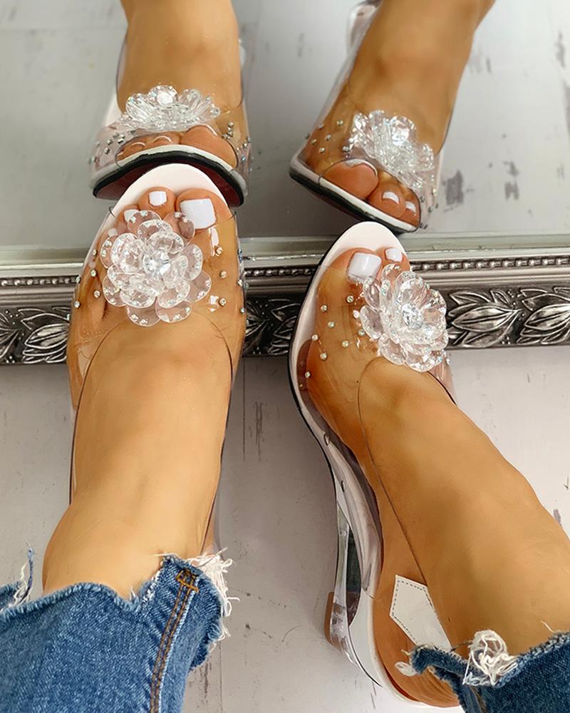 

Sandales compensées transparentes à motif de fleurs en strass, White