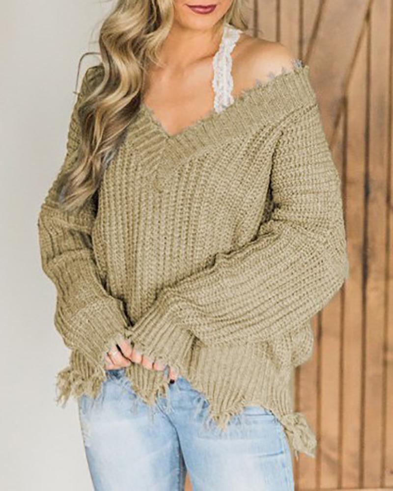 

Fringe Hem Long Sleeve Asymmetrical Knit Sweater, Khaki