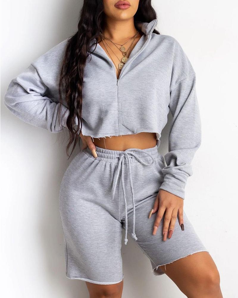 

Zipper Design Crop Top & High Waist Drawstring Shorts Set, Gray