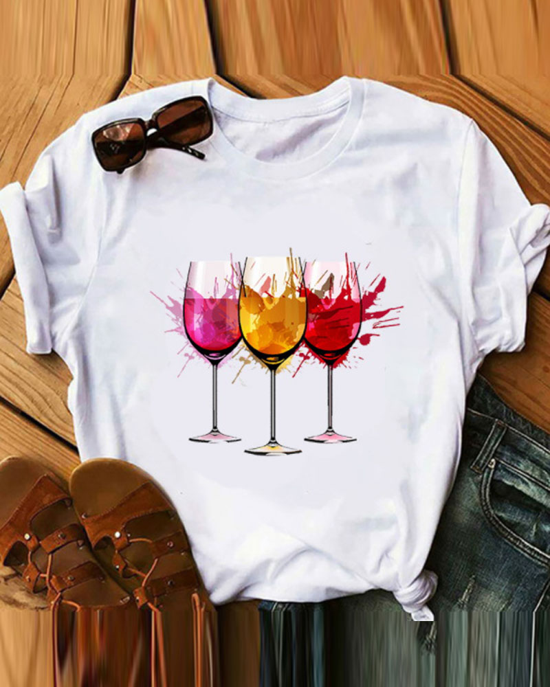 

Wine Glass Print Casual T-shirt, Style1