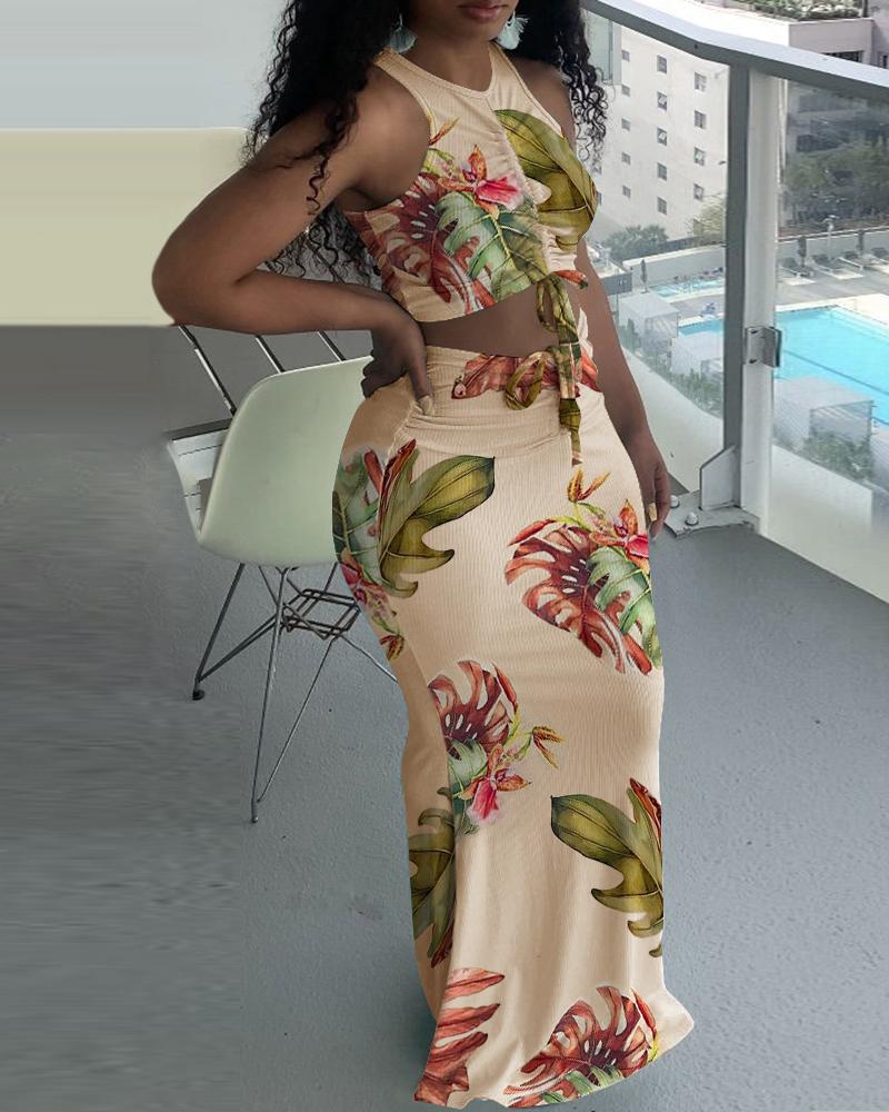 

Floral Print Ribbed Drawstring Crop Top & Skirt Set, Apricot