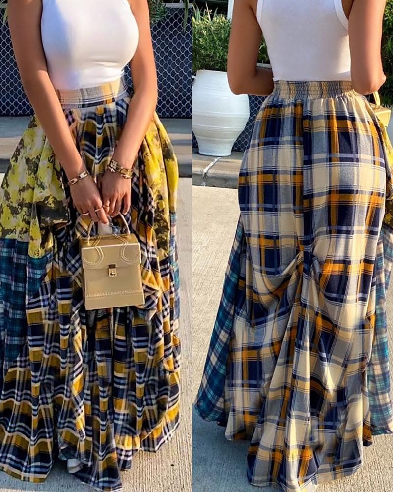 

Plaid Colorblock Pleated Maxi Skirt, Yellow