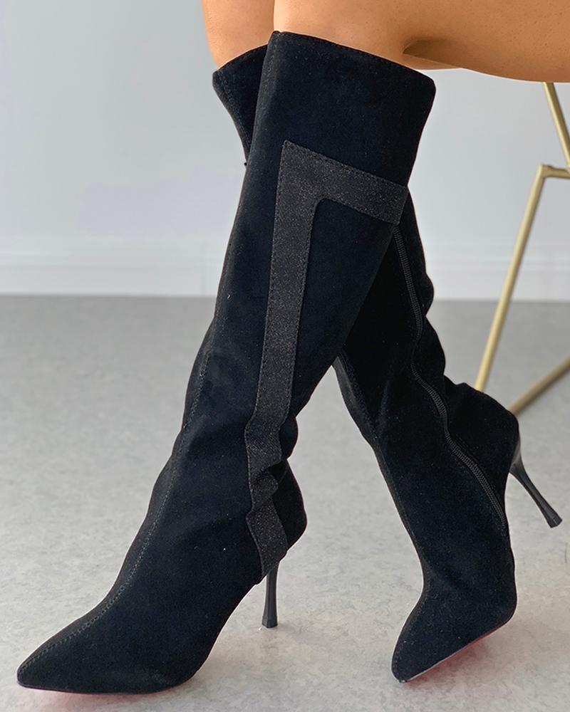 

Pointed Toe Zipper Design Stiletto Heeled Boots, Black
