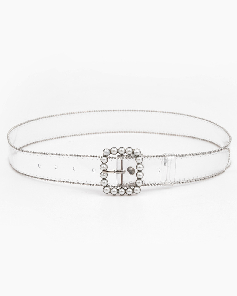 

Faux Pearl Square Buckle Studded Clear Belt, Silver