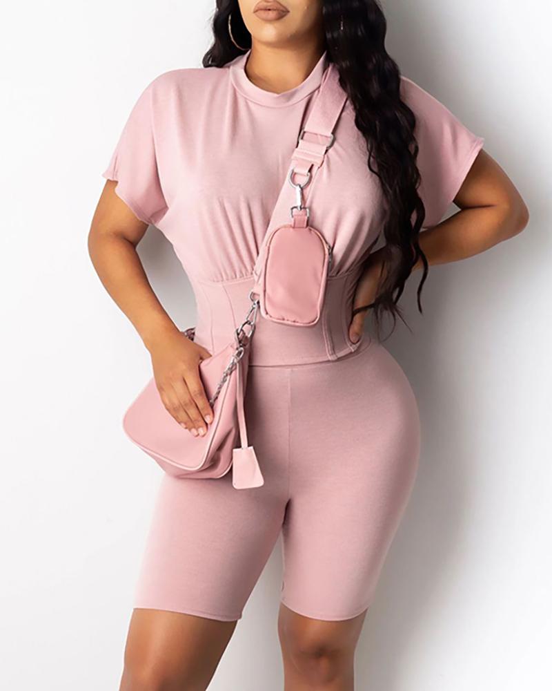 

Solid Round Neck Top & Shorts Set, Pink