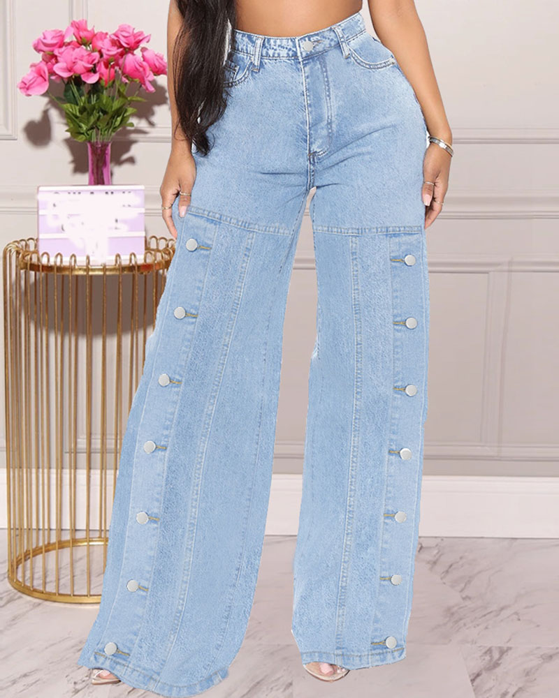 

Buttoned Pocket Design Wide Leg Denim Pants, Blue