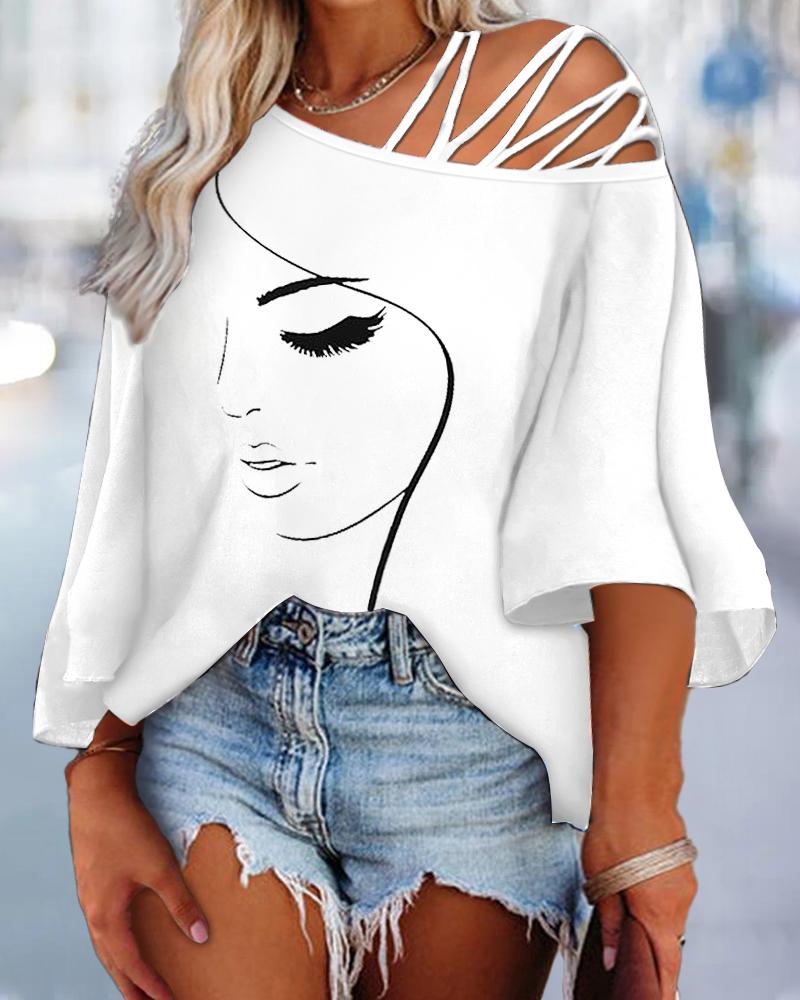 

Plus Size Figure Print Cold Shoulder Crisscross Top, White