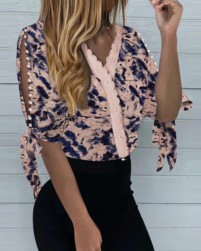 

Tie Dye Print Lace Hem Tied Detail Top, Brown