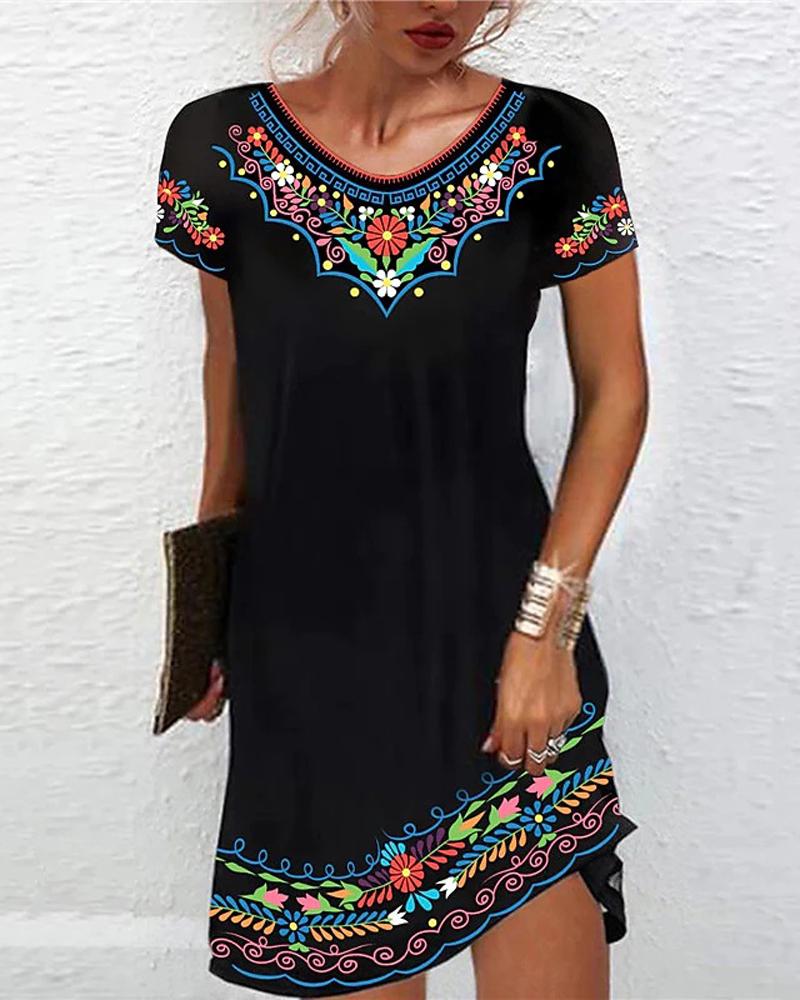 

Floral Tribal Print Short Sleeve Casual Dress, Black