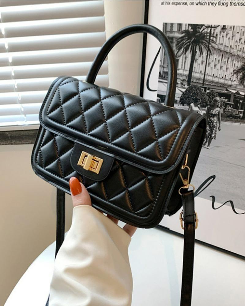 

Quilted Twist Lock Flap Shoulder Bag With Handle, Black