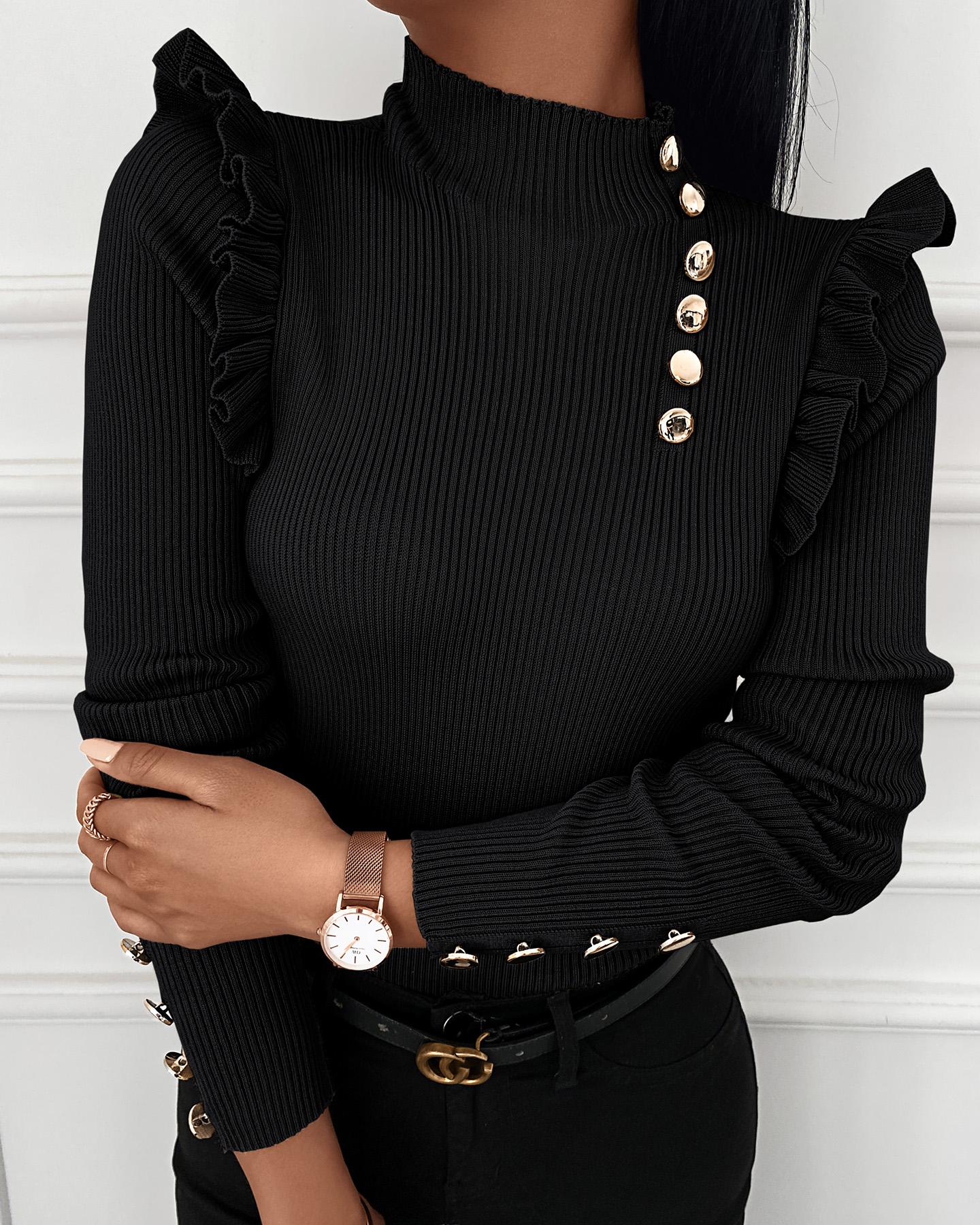 

Ruffles Long Sleeve Button Decor Sweater, Black