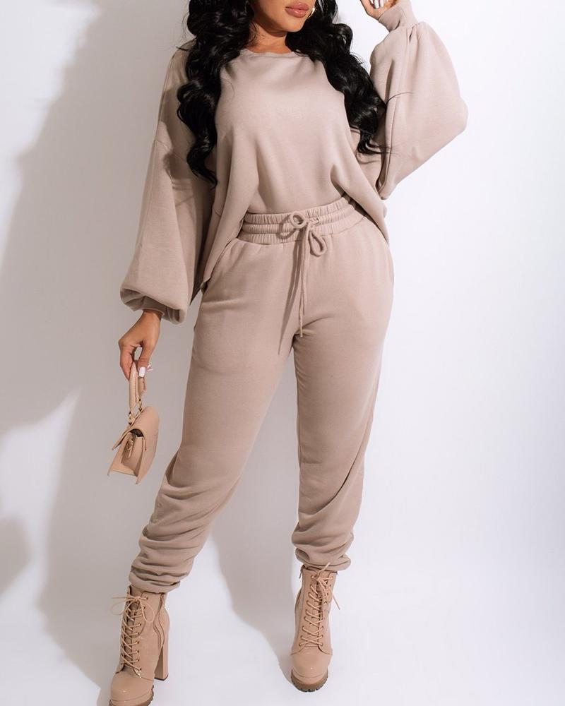 

Lantern Sleeve Top & Drawstring Pocket Design Pants Set, Coffee